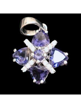 Lolite & Sterling Silver Rhodium Pendant With White Zircon Accents 925